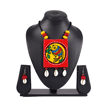 Madhubani Fish In Red Yellow Ceramic Pendant
